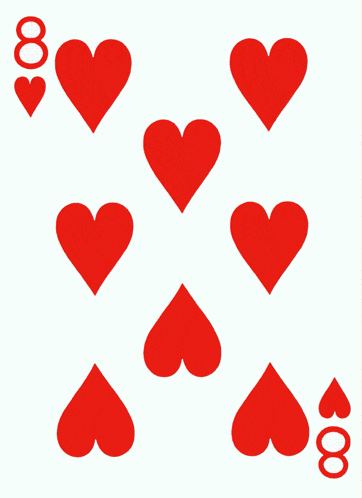 a playing card with eight red hearts and the number 8