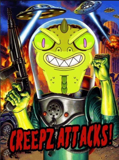 a poster for creepz attacks shows a monster with a gun