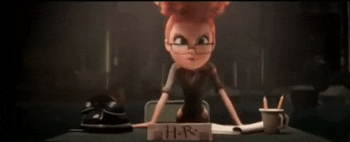 a cartoon girl is sitting at a desk with a box that says hr on it