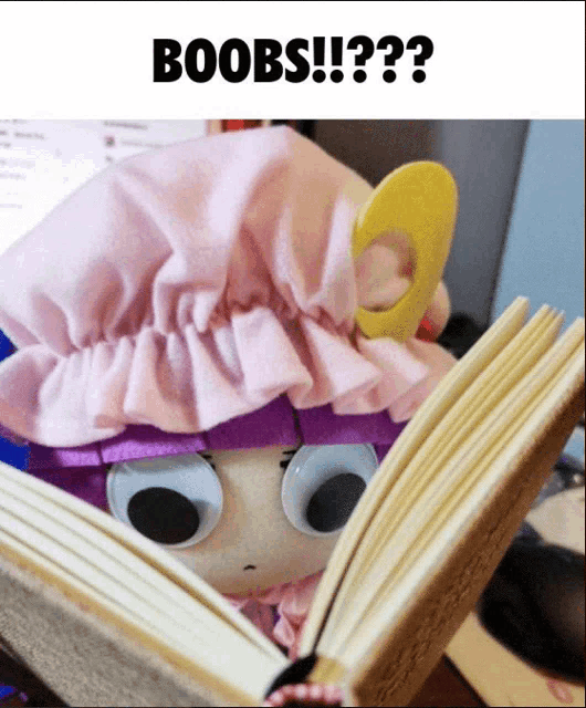 a doll with googly eyes is reading a book with the words boobs written above it