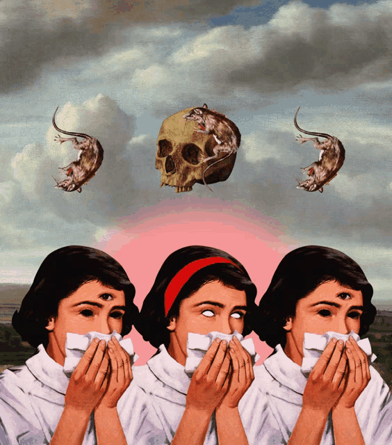 a painting of three girls blowing their noses with a skull and rats in the background