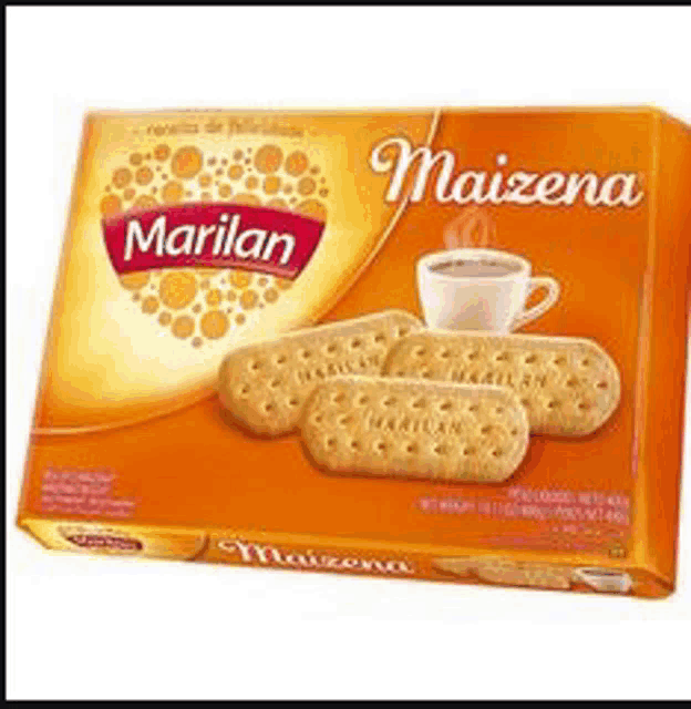 a box of marilan maizena cookies with a cup of coffee on the side .