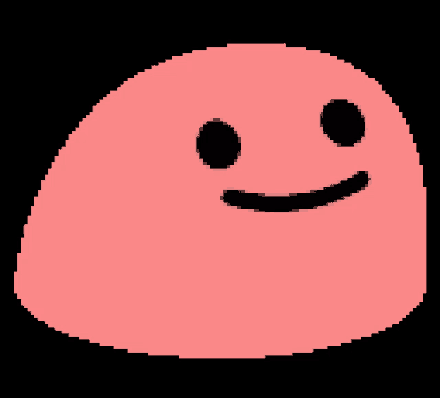 a pixel art of a pink smiley face with black eyes