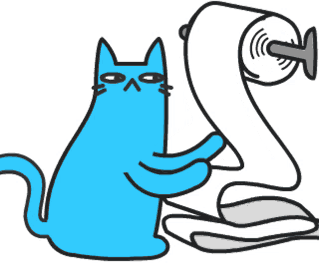 a blue cat holding a roll of toilet paper next to a roll of toilet paper