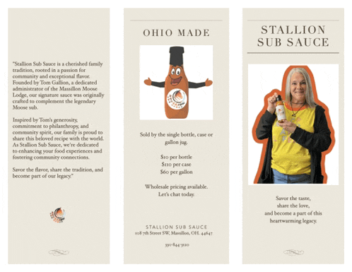 a brochure for stallion sub sauce shows a woman holding a bottle of sauce