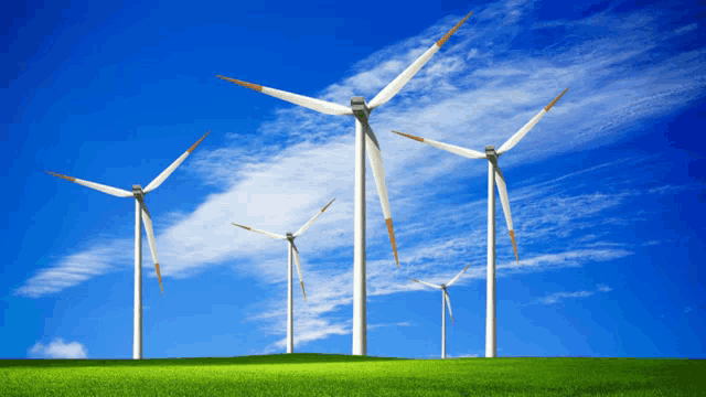 a row of wind turbines in a grassy field