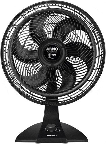 a black arno turbo force table fan with a black base