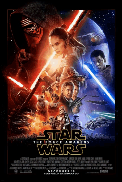 a poster for star wars the force awakens shows many characters