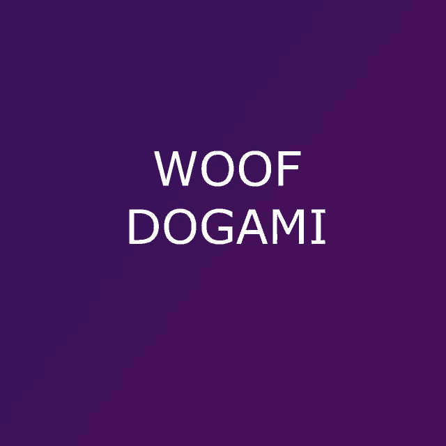 a purple background with the words woof dogami in white letters