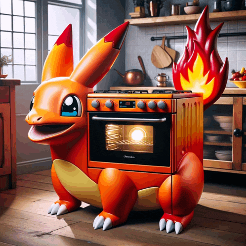 a cartoon character is sitting on top of an oven that says ' charmeleon ' on the front