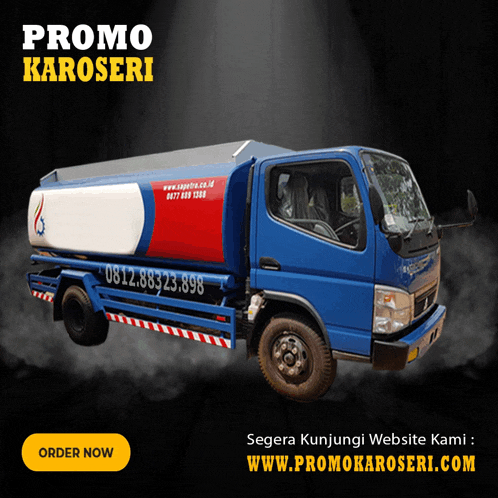 a blue and white truck with the words promo karoseri on it