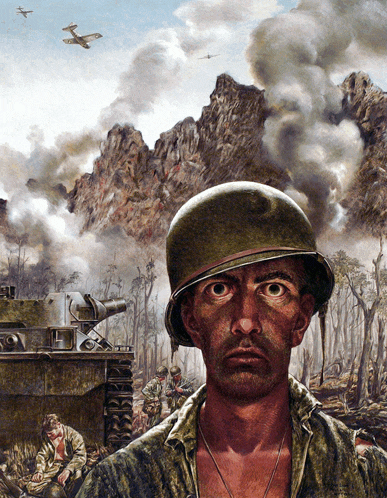 a painting of a soldier with a tank in the background and a mountain in the background