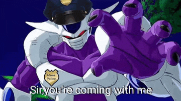 a purple and white cartoon character with a police hat on is saying `` sir you 're coming with me '' .