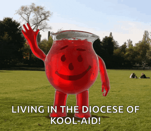 a pitcher of kool-aid is waving in a field