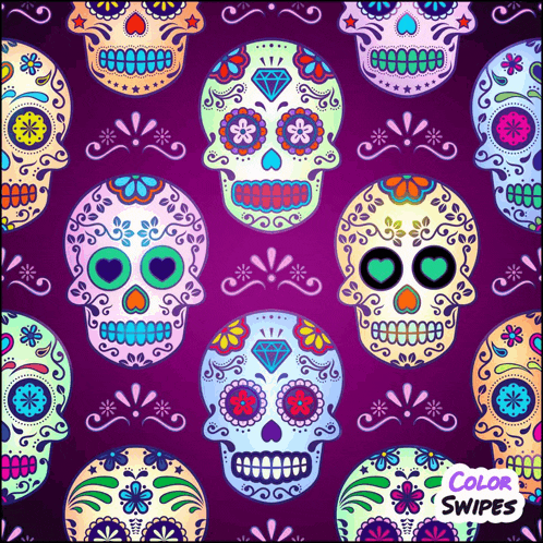 a pattern of sugar skulls on a purple background with the words color swipes below them