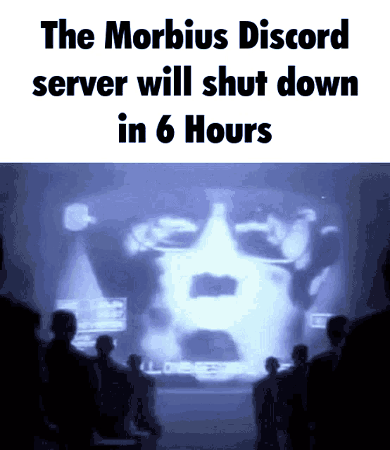 a group of people standing in front of a screen that says " the morbid discord server will shut down in 6 hours "