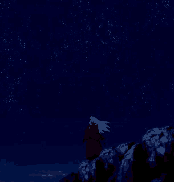 a man in a red robe is standing on top of a rock looking at the stars .