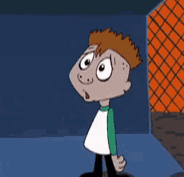 a cartoon character is standing in a dark room with a fence behind him