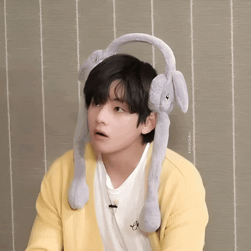 a young man wearing a yellow cardigan and a white shirt has a stuffed elephant ear warmer on his head