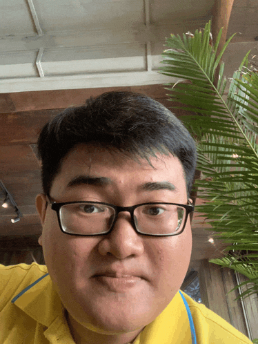 a man wearing glasses and a yellow shirt is taking a selfie