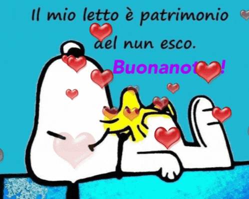 a cartoon of snoopy laying on a bed with hearts surrounding him