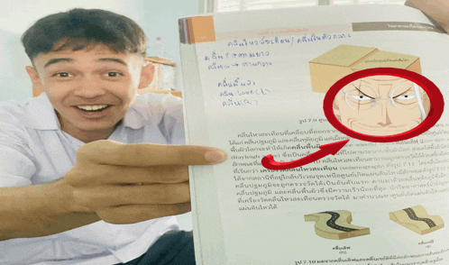 a man in a white shirt is holding a book with a drawing of a face on it