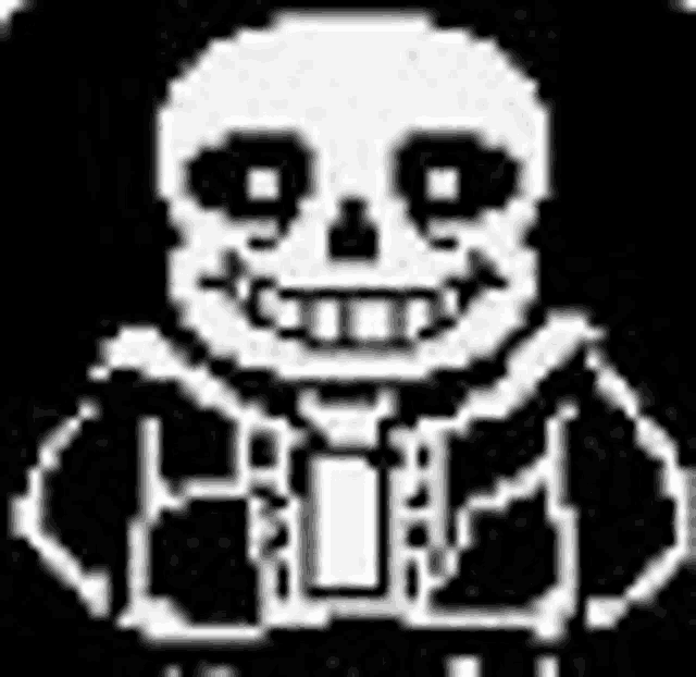 a black and white pixel art of a skeleton with a smile on his face .