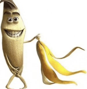 a cartoon banana with arms and legs is holding a peeled banana