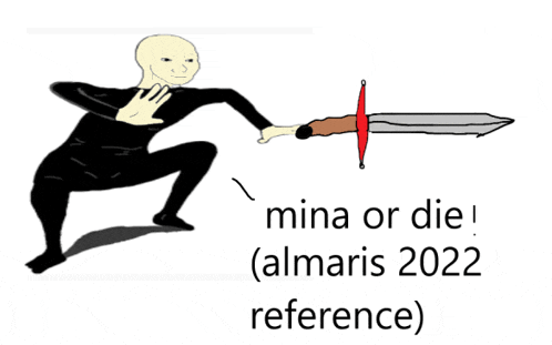 a cartoon of a man holding a sword with the words mina or die written below him