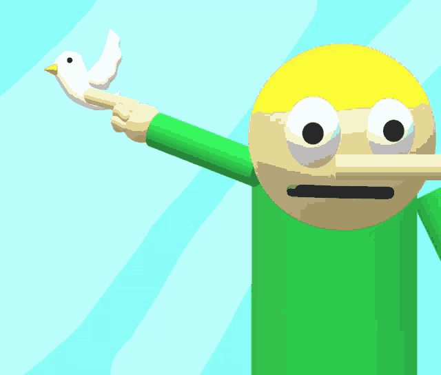 a cartoon character holds a white bird in his hand