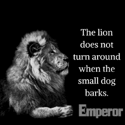 a black and white photo of a lion with a quote from emperor