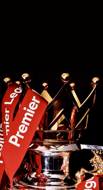 a silver trophy with red ribbons that say premier