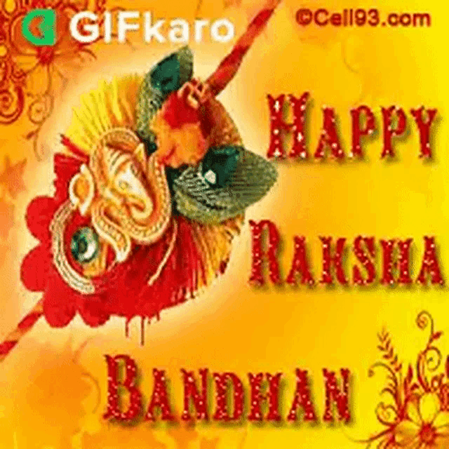 a happy raksha bandhan greeting card with a floral design and a ribbon .