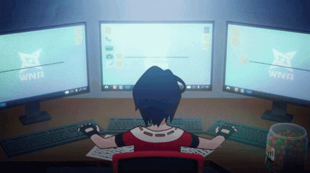 a person sitting in front of three computer monitors with wnr written on the screens