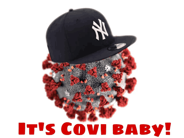 a new york yankees baseball cap is surrounded by a covid-19 virus