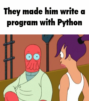 a cartoon of a man and a woman talking to each other . they made him write a program with python .