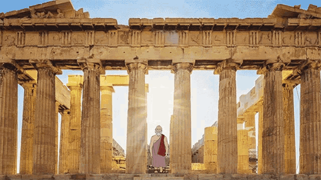 a man in a purple robe stands in front of a row of columns with the sun shining through them