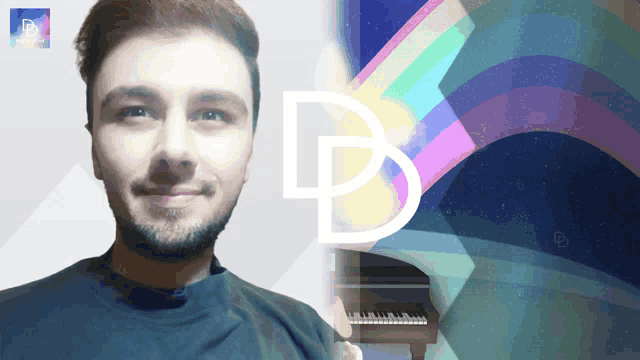 a man with a beard is smiling in front of a rainbow and a piano