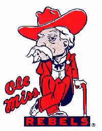 a cartoon of a man wearing a cowboy hat and holding a cane with ole miss rebels written on the bottom