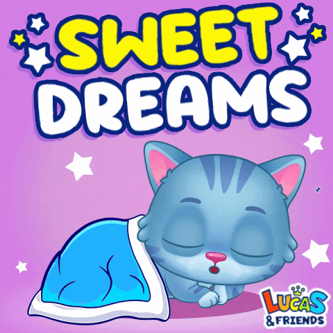 a cat is sleeping under a blanket with the words sweet dreams lucas & friends below it