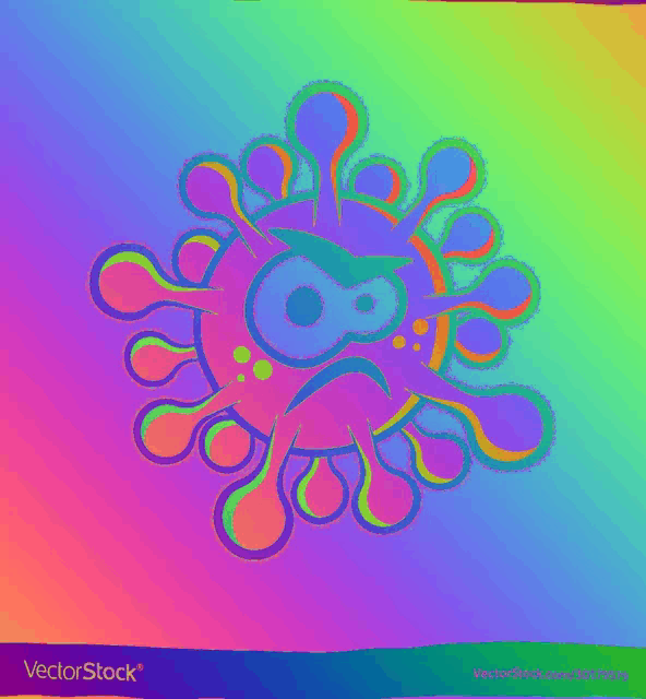 a cartoon illustration of a virus with a sad face on a colorful background