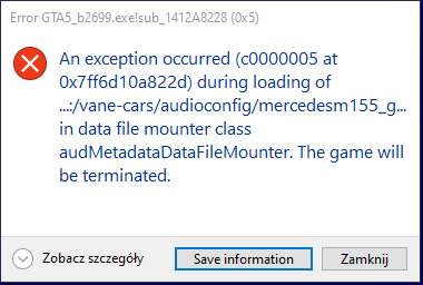 an error message that says an exception occurred during loading of audioconfig / mercedesm155_g