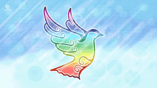 a rainbow colored bird is flying in the sky with a blue background