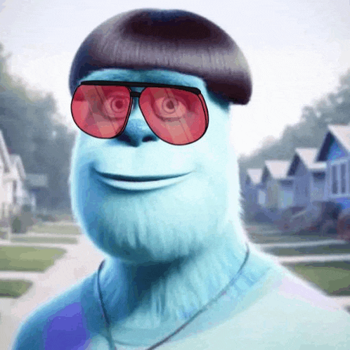 a blue cartoon character wearing red sunglasses and a hat