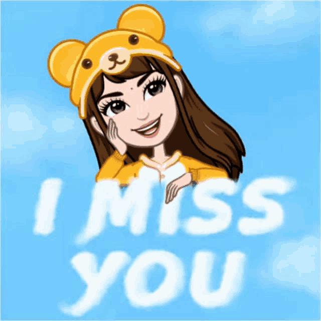 a cartoon girl wearing a teddy bear hat with the words i miss you above her