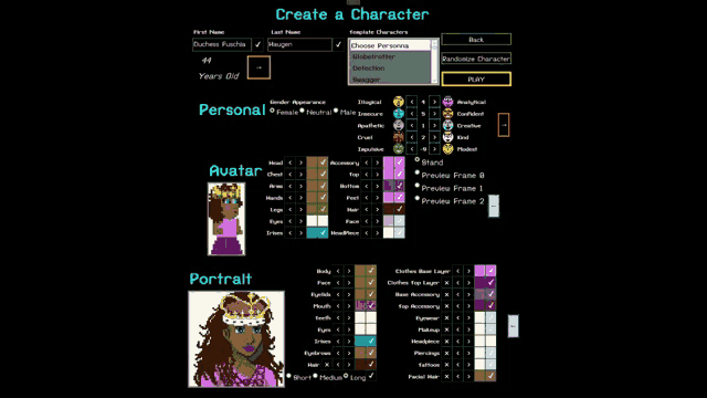 a screen that says create a character on the top