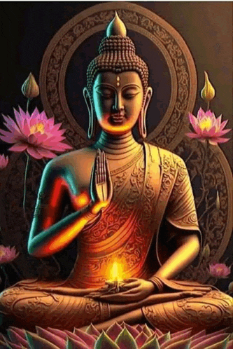 a painting of a buddha sitting on a lotus flower holding a candle in his hand .