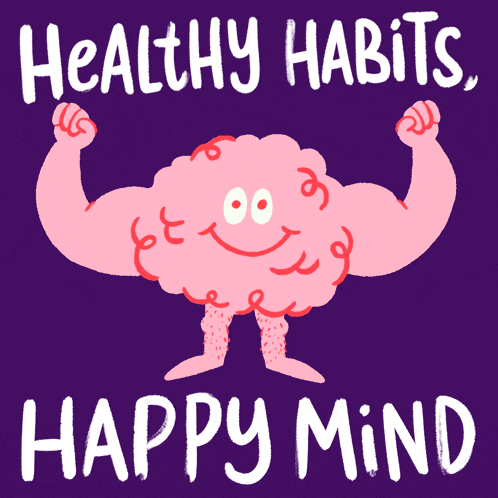 an illustration of a brain flexing its muscles with the words healthy habits happy mind below it