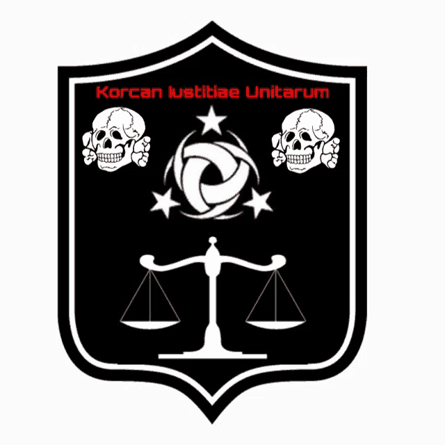 a shield with scales of justice and two skulls and the words korcan justitiae unitarum