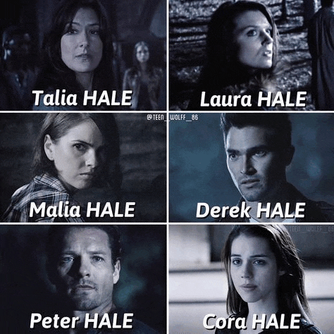 a collage of four pictures of people with the names of talia hale laura hale malia hale derek hale peter hale and cora hale